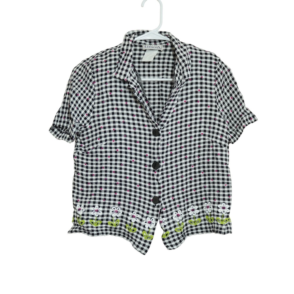 Basic Editions Vintage 90s Gingham Daisy‎ Printed Button Up Top Cottagecore